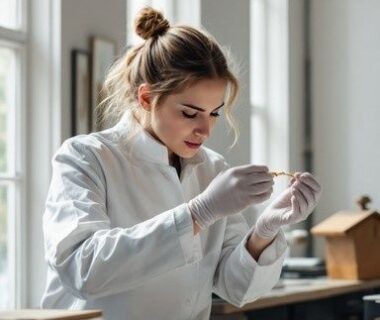Conservator onderzoekt met handschoenen een klein voorwerp aan een werktafel