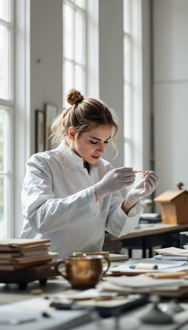 Conservator onderzoekt met handschoenen een klein voorwerp aan een werktafel